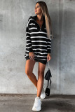 Black Striped/Solid O-ring Zip Collared Loose Sweater Mini Dress