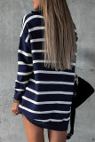 Blue Striped/Solid O-ring Zip Collared Loose Sweater Mini Dress