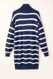 Blue Striped/Solid O-ring Zip Collared Loose Sweater Mini Dress