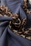 Dark Blue Leopard Colorblock Patchwork Long Sleeve Drop Shoulder Top