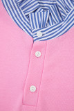 Bonbon Button Striped Collar Patchwork Puff Sleeve Sweatshirt