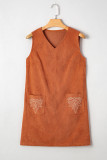 Gold Flame Corduroy Western Embroidered Patched Pocket Shift Sleeveless Mini Dress