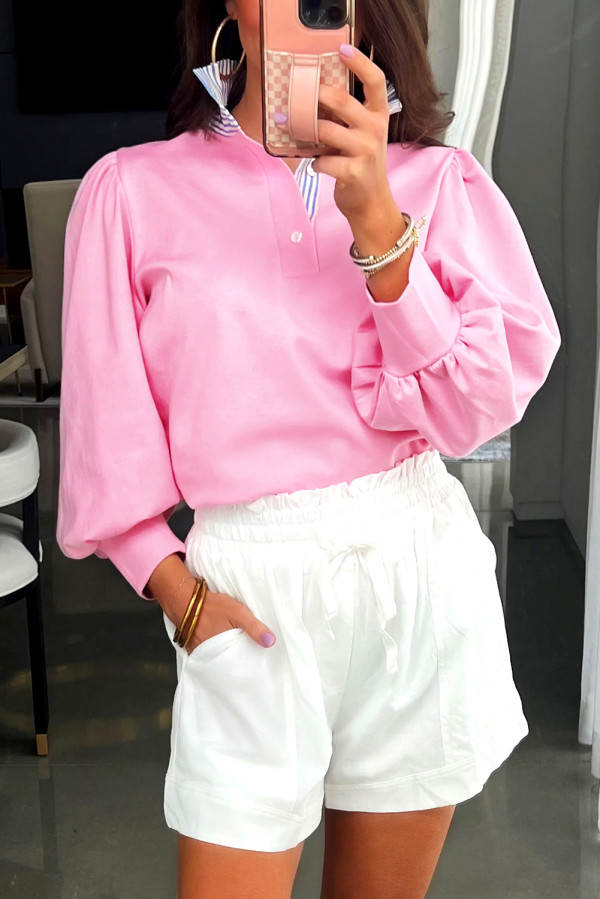 Bonbon Button Striped Collar Patchwork Puff Sleeve Sweatshirt