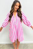 Rose Stripe Bracelet Sleeve Buttons Loose Mini Dress
