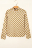 Khaki Check Pattern Turtleneck Ribbed Slim Long Sleeve Tee