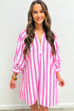 Rose Stripe Bracelet Sleeve Buttons Loose Mini Dress