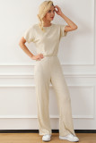 Oatmeal Ribbed Keyhole Short Sleeve Wide Leg Jumpsuit