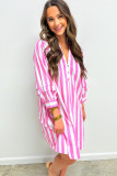 Rose Stripe Bracelet Sleeve Buttons Loose Mini Dress