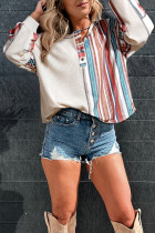 Beige Striped Waffle Patchwork Exposed Seam Raw Edge Casual Knit Top