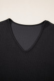 Black Flower Applique Mesh Long Sleeve V Neck Blouse