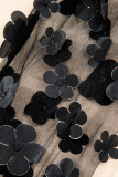 Black Flower Applique Mesh Long Sleeve V Neck Blouse