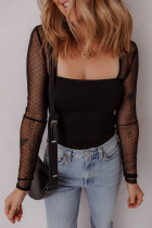 Black Polka Dot Mesh Long Sleeve Square Neck Bodysuit