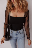 Black Polka Dot Mesh Long Sleeve Square Neck Bodysuit