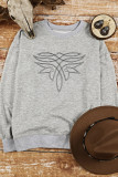 Gray Western Pattern Embroidered Drop Shoulder Pullover Top