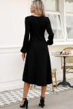 Black Solid Color Ruched Detail Long Sleeve Midi Dress