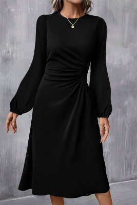 Black Solid Color Ruched Detail Long Sleeve Midi Dress