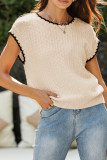 Beige Contrast Trim Boxy Fit Knit Short Sleeve Sweater Top
