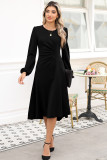 Black Solid Color Ruched Detail Long Sleeve Midi Dress