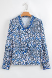 Blue Bohemian Print Embroidered V Neckline Detail Long Sleeve Shirt