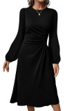 Black Solid Color Ruched Detail Long Sleeve Midi Dress