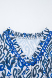 Blue Bohemian Print Embroidered V Neckline Detail Long Sleeve Shirt