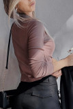 Old Rose Gathered Bust Square Neck Ribbed Fit Long Sleeve Top
