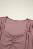 Old Rose Gathered Bust Square Neck Ribbed Fit Long Sleeve Top
