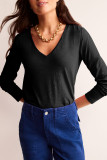 Black Solid Color V Neck Long Sleeve Stretchy Top
