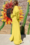 Yellow Cream Drop Shoulder Puff Sleeve Crop Pullover Drawstring Wide Leg Pants Set