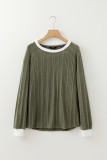 Moss Green Ribbed Contrast Cuffed Round Neck Long Sleeve T Shirt