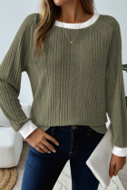 Moss Green Ribbed Contrast Cuffed Round Neck Long Sleeve T Shirt
