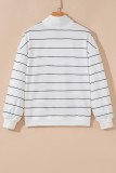 White Zip V Neck Casual Stripe Print Drop Shoulder Long Sleeve Top