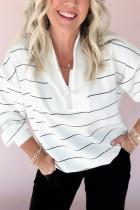 White Zip V Neck Casual Stripe Print Drop Shoulder Long Sleeve Top