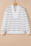 White Zip V Neck Casual Stripe Print Drop Shoulder Long Sleeve Top