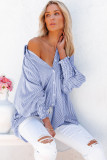 Blue Stripe Smocked Cuffed Striped Boyfriend Shirt with Pocket