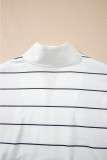 White Zip V Neck Casual Stripe Print Drop Shoulder Long Sleeve Top