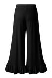 Black Ruffled Wide Leg Pull On High Waist Pants with Pockets