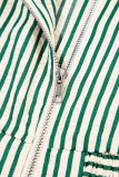 Green Stripe V Neck Zip Front Cinched High Waist Midi Dress
