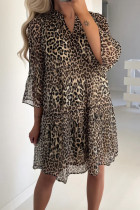 Khaki Leopard 3 4 Sleeve V Neck Swing Dress