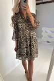 Khaki Leopard 3 4 Sleeve V Neck Swing Dress