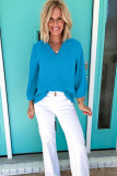 Sky Blue Frilled V Neckline Bracelet Sleeve Crinkled Blouse
