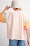 Pink Sequined Horseshoes Pattern Colorblock Half Sleeve Patchwork Tee
