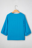 Sky Blue Frilled V Neckline Bracelet Sleeve Crinkled Blouse
