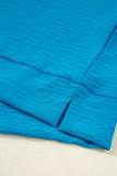 Sky Blue Frilled V Neckline Bracelet Sleeve Crinkled Blouse