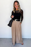 Black Lace Crochet Mesh Patched Slim Fit Long Sleeve Top