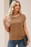 Camel Contrast Trim Boxy Fit Knit Short Sleeve Sweater Top