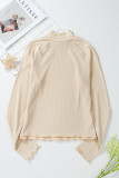 Parchment Ribbed Knit Lettuce Trim High Neck Long Sleeve Top