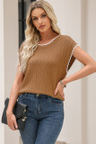 Camel Contrast Trim Boxy Fit Knit Short Sleeve Sweater Top