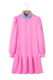 Pink Contrast Striped Collar Patchwork Puff Sleeve Ruffle Hem Mini Dress
