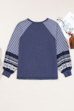 Navy Blue Contrast Print Striped Raglan Long Sleeve Loose Top
